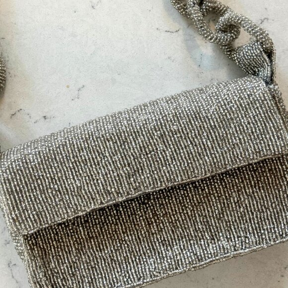 Silver Beaded Evening Purse with Beaded Chain Strap - Picture 2 of 4